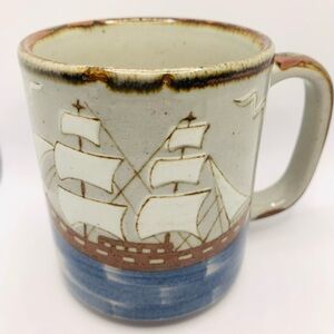 Otagiri Vintage Speckled Stoneware Ship Ocean Gulls Mug Japan